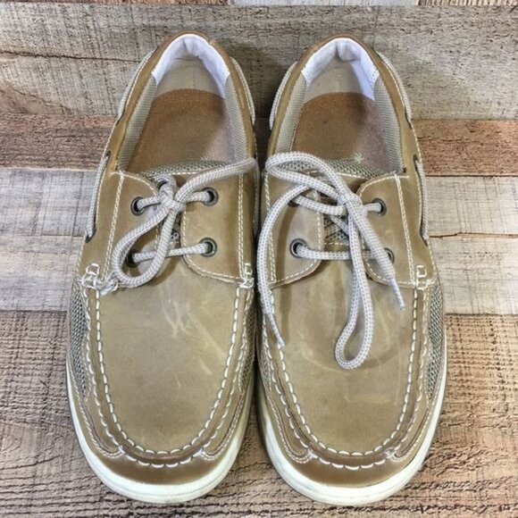 Margaritaville Boat Shoes Mens 10 Tan Leather Anchor Lace‎ Up - Picture 4 of 13